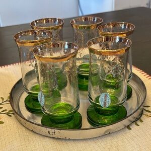 Vintage Set of 6 Gold Rimmed Green Base Glasses